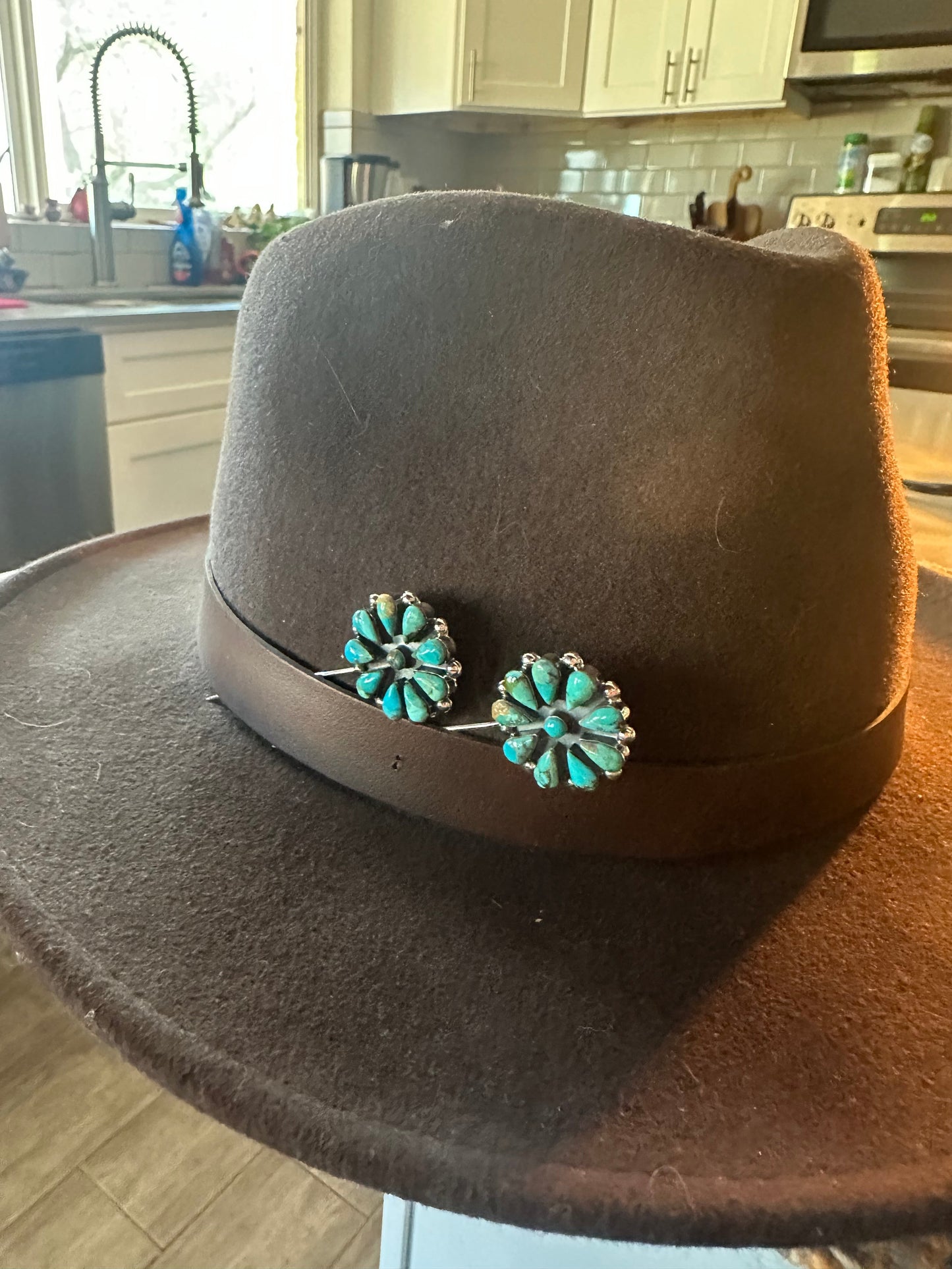 Handmade Sterling Silver and Turquoise Flower Hat Pin