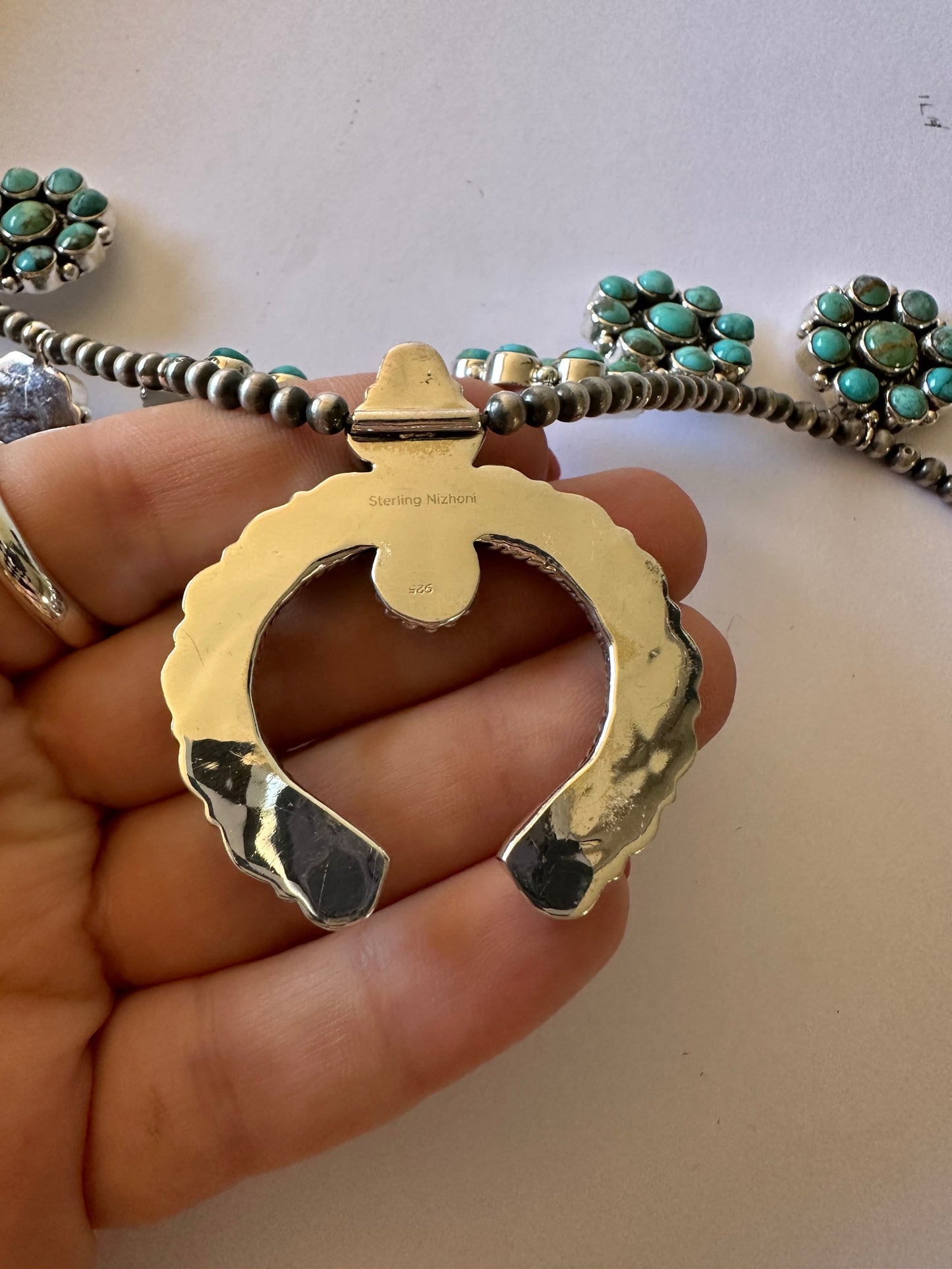 Turquoise Bombshell Handmade Sterling Silver & Turquoise Squash Blossom Necklace Signed Nizhoni