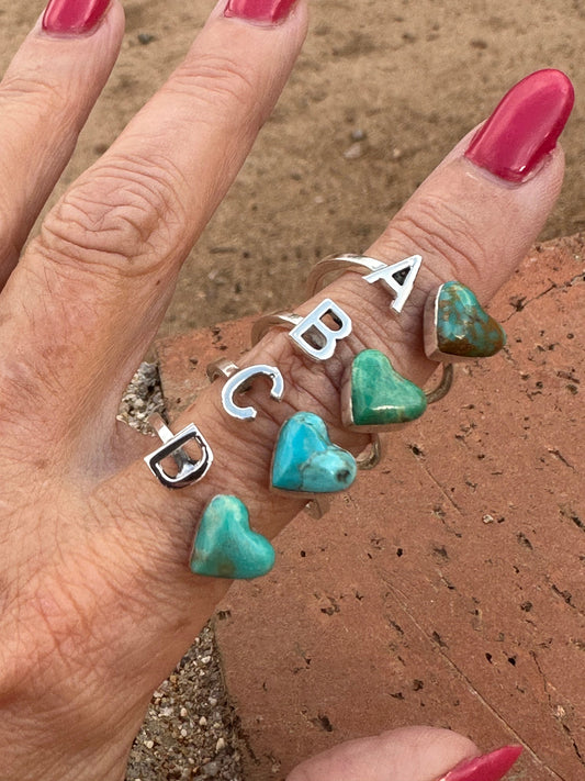 Handmade Sterling Silver & Turquoise Adjustable Initial Heart Ring