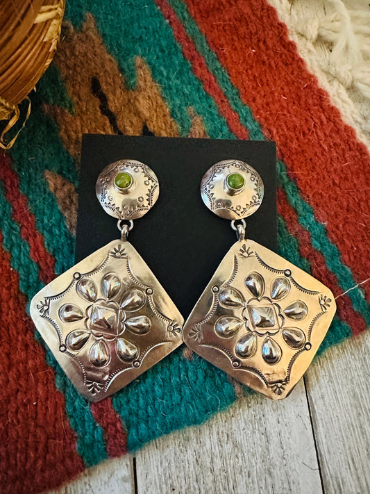 Navajo Turquoise & Sterling Silver Concho Dangle Earrings by Benson Shorty