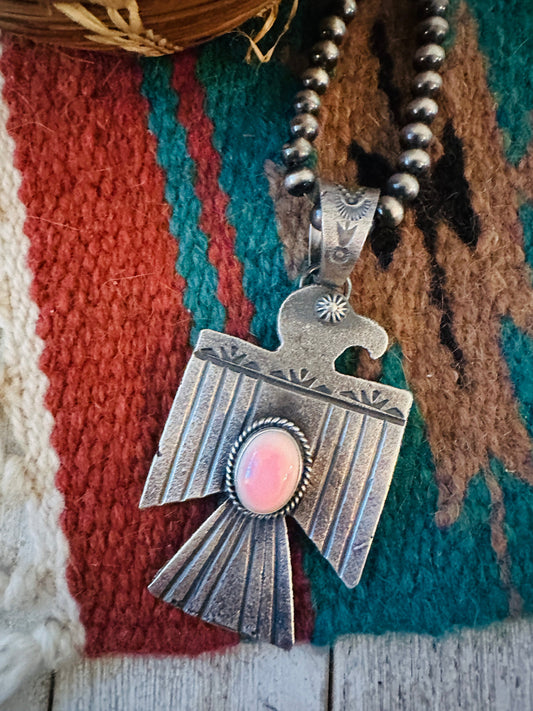 Navajo Sterling Silver & Queen Pink Conch Thunderbird Pendant by Kevin Billah