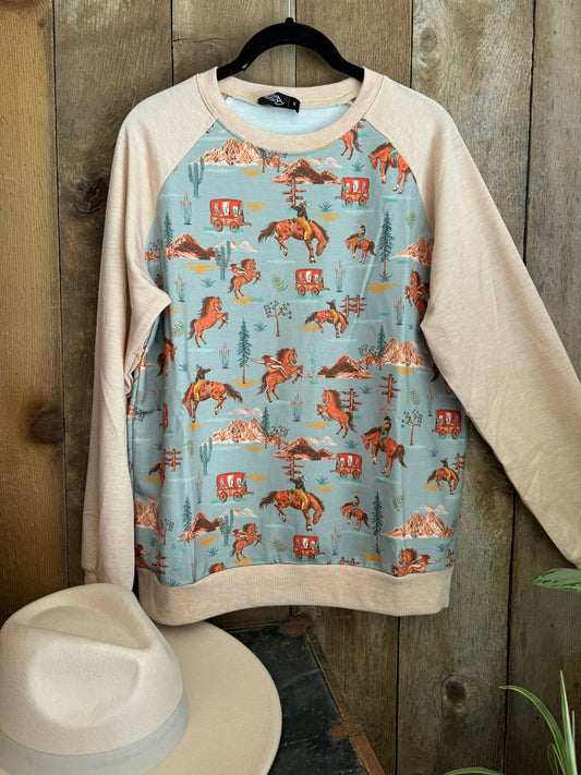 Retro Western Wagon Print French Terry Top