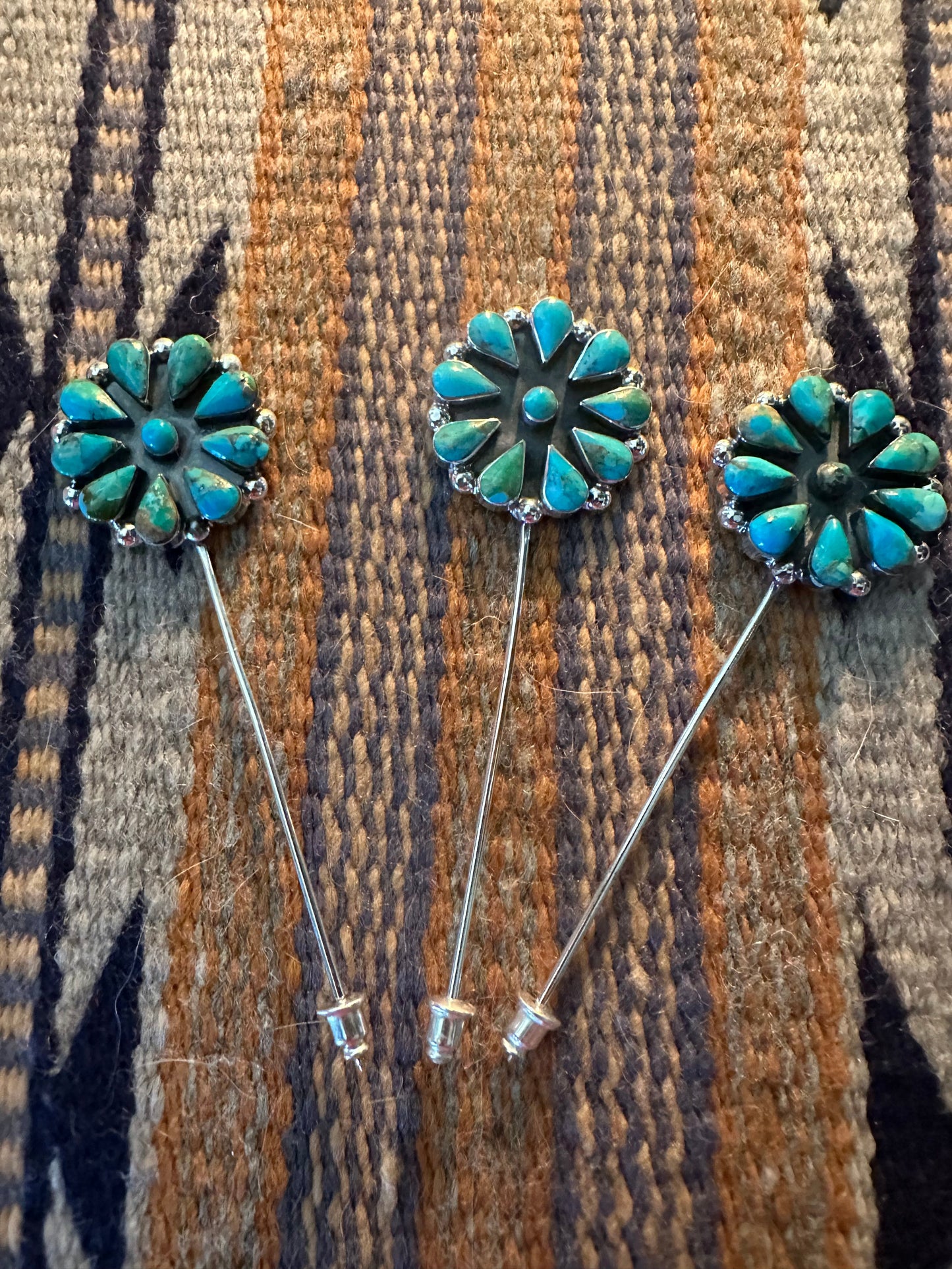 Handmade Sterling Silver and Turquoise Flower Hat Pin