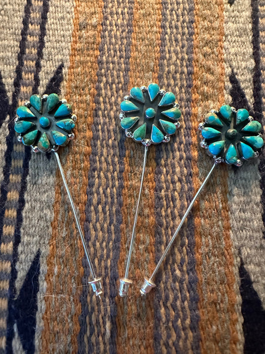 Handmade Sterling Silver and Turquoise Flower Hat Pin