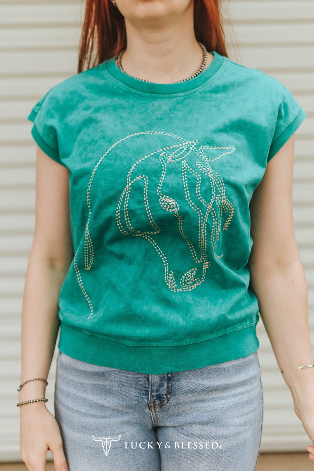 Lucky Horse EmbroideredMineral Wash Top