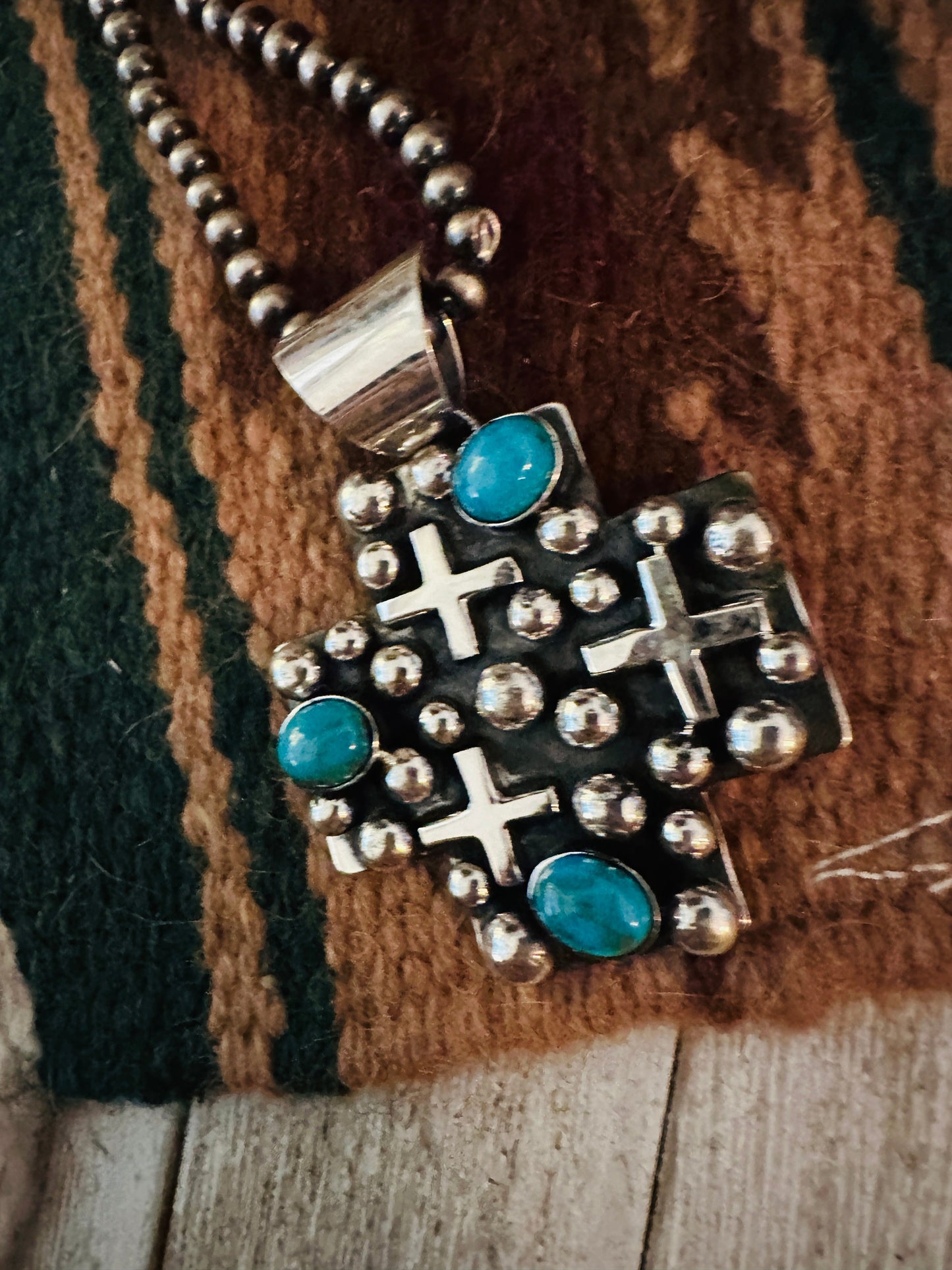 Navajo Turquoise & Sterling Silver Cross Pendant by Chimney Butte