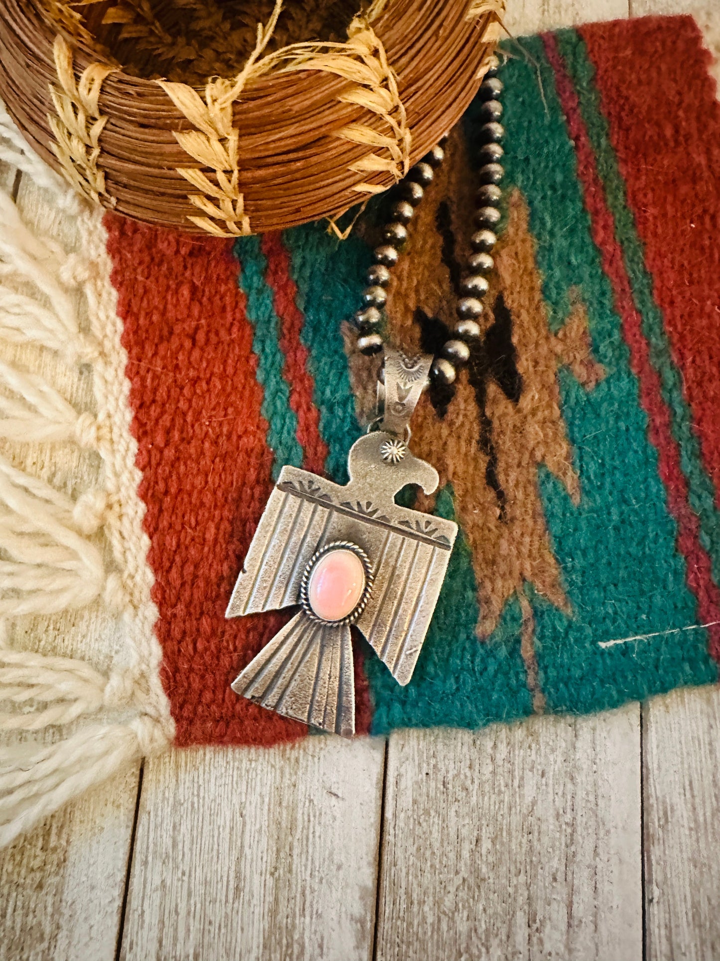 Navajo Sterling Silver & Queen Pink Conch Thunderbird Pendant by Kevin Billah