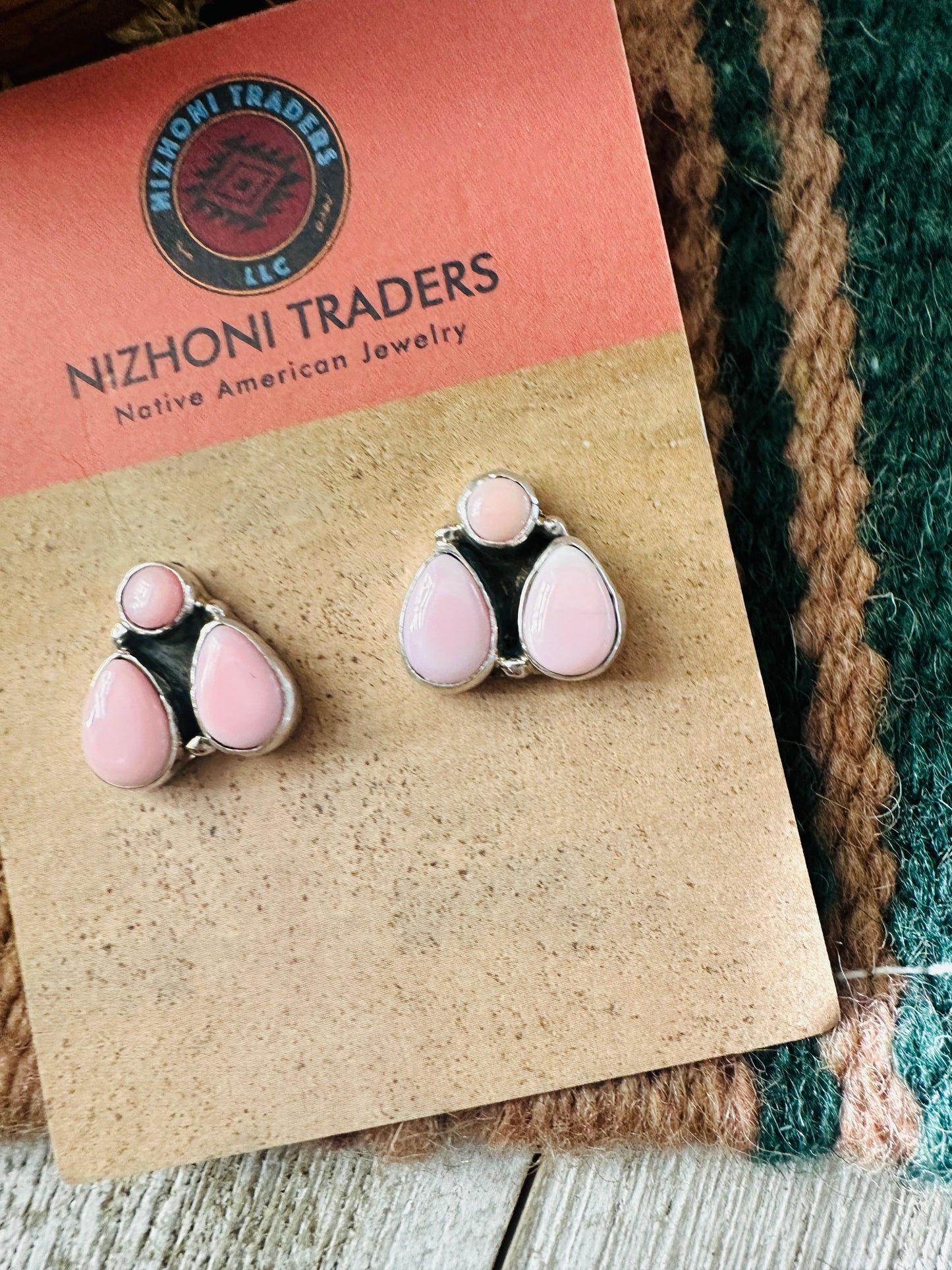 Navajo Queen Pink Conch & Sterling Silver Cluster Post Earrings