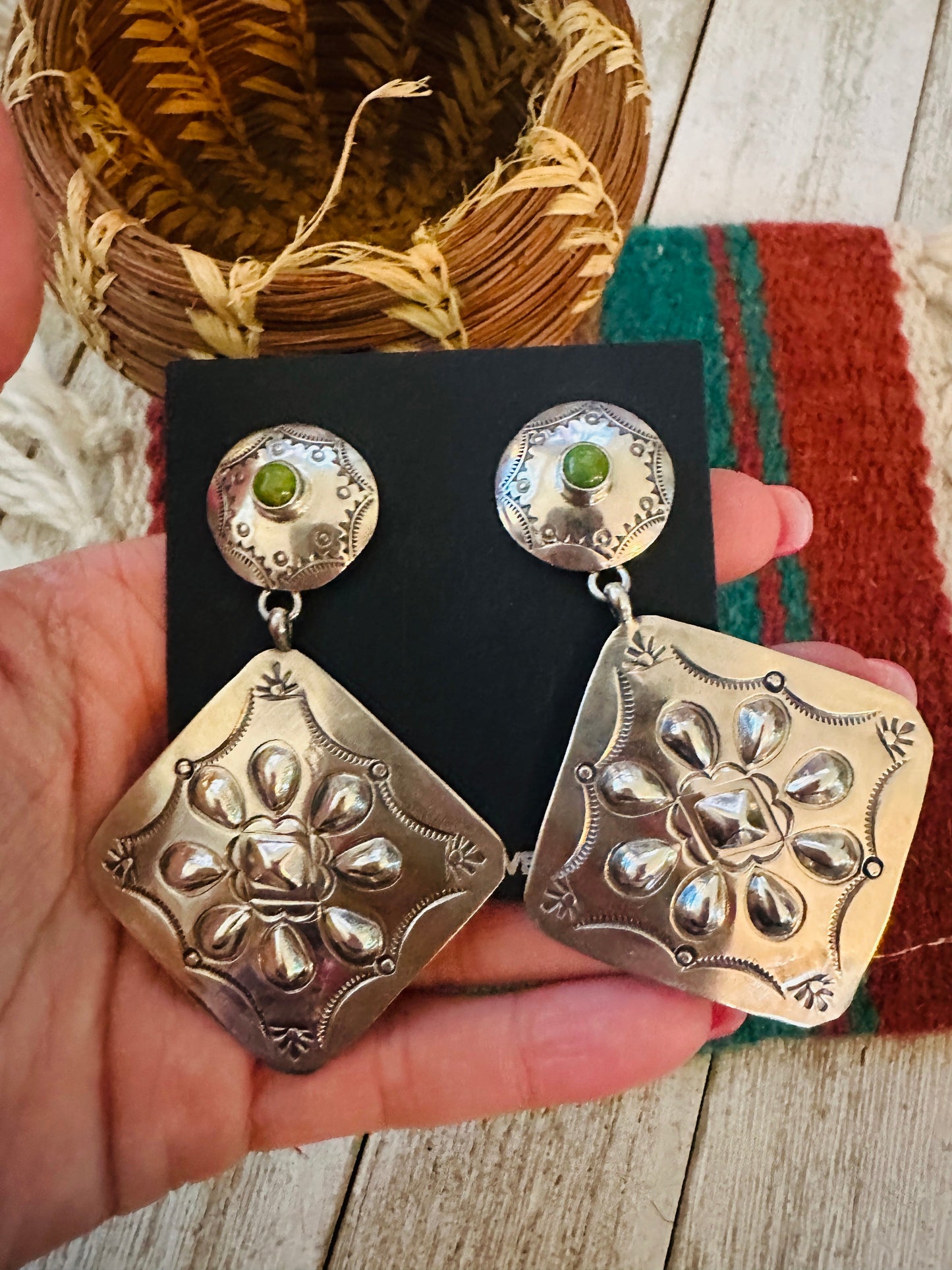 Navajo Turquoise & Sterling Silver Concho Dangle Earrings by Benson Shorty