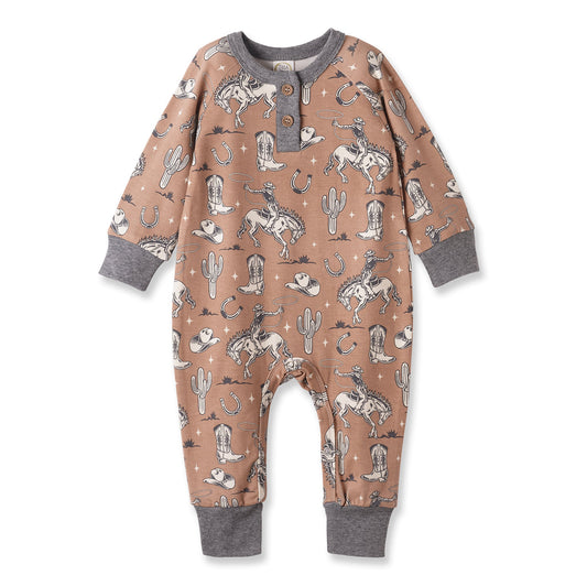 Wild Wrangler/Brown Western Bamboo Henley Romper for Babies