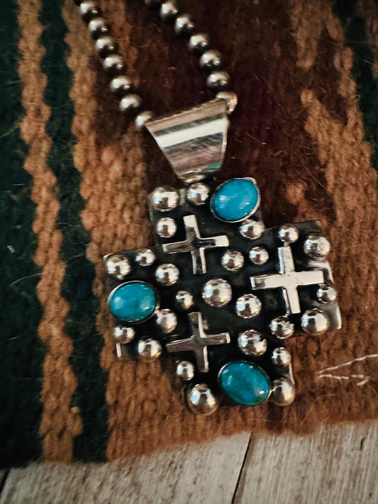Navajo Turquoise & Sterling Silver Cross Pendant by Chimney Butte