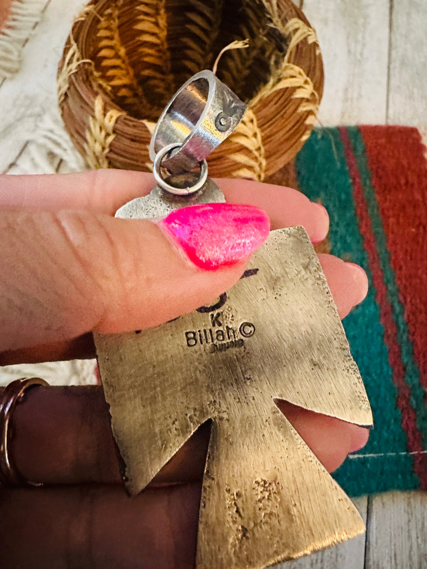 Navajo Sterling Silver & Queen Pink Conch Thunderbird Pendant by Kevin Billah