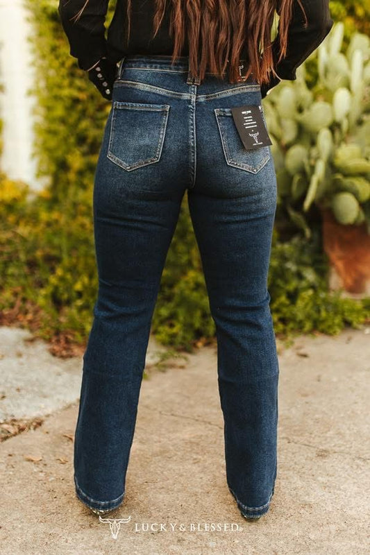 Dark Wash High Rise Vintage Side Button Detail Bootcut Jeans (32in Inseam)