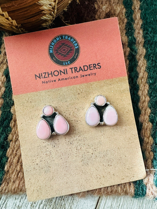 Navajo Queen Pink Conch & Sterling Silver Cluster Post Earrings
