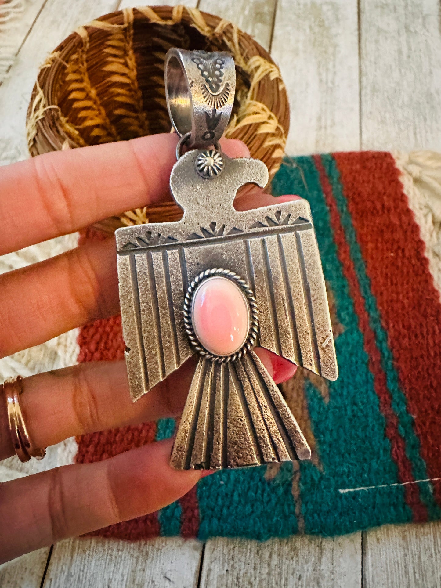 Navajo Sterling Silver & Queen Pink Conch Thunderbird Pendant by Kevin Billah