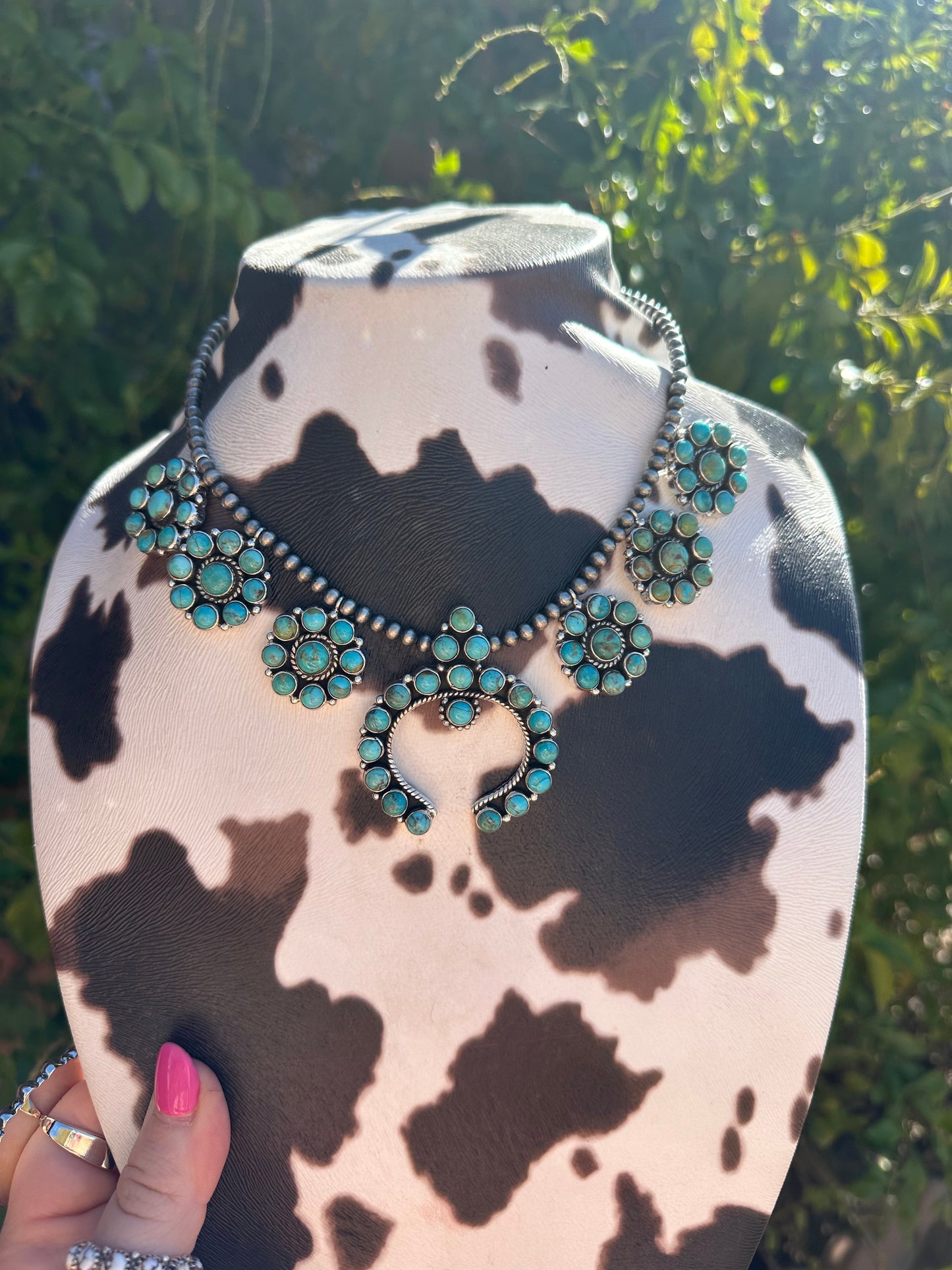 Turquoise Bombshell Handmade Sterling Silver & Turquoise Squash Blossom Necklace Signed Nizhoni
