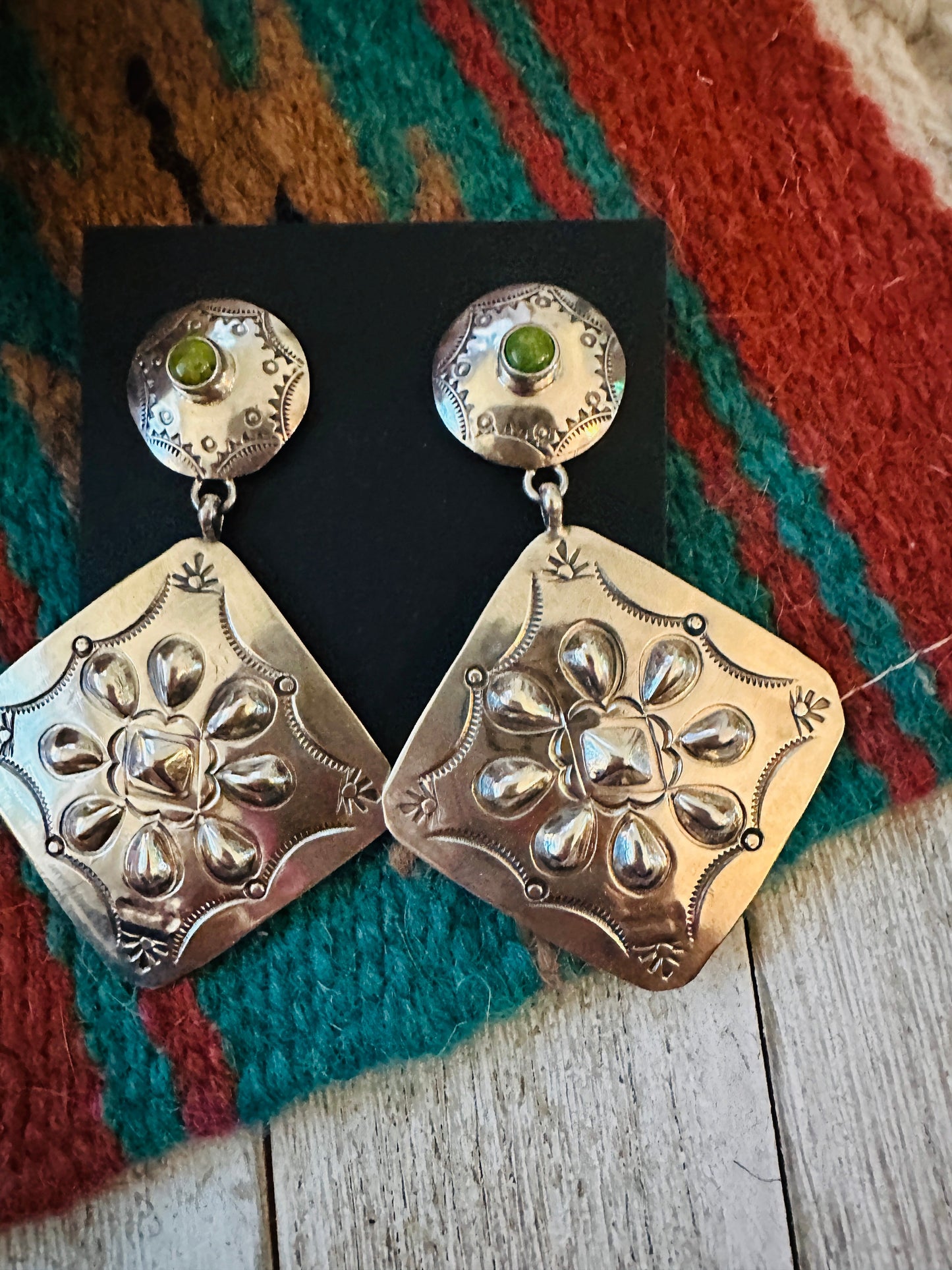 Navajo Turquoise & Sterling Silver Concho Dangle Earrings by Benson Shorty