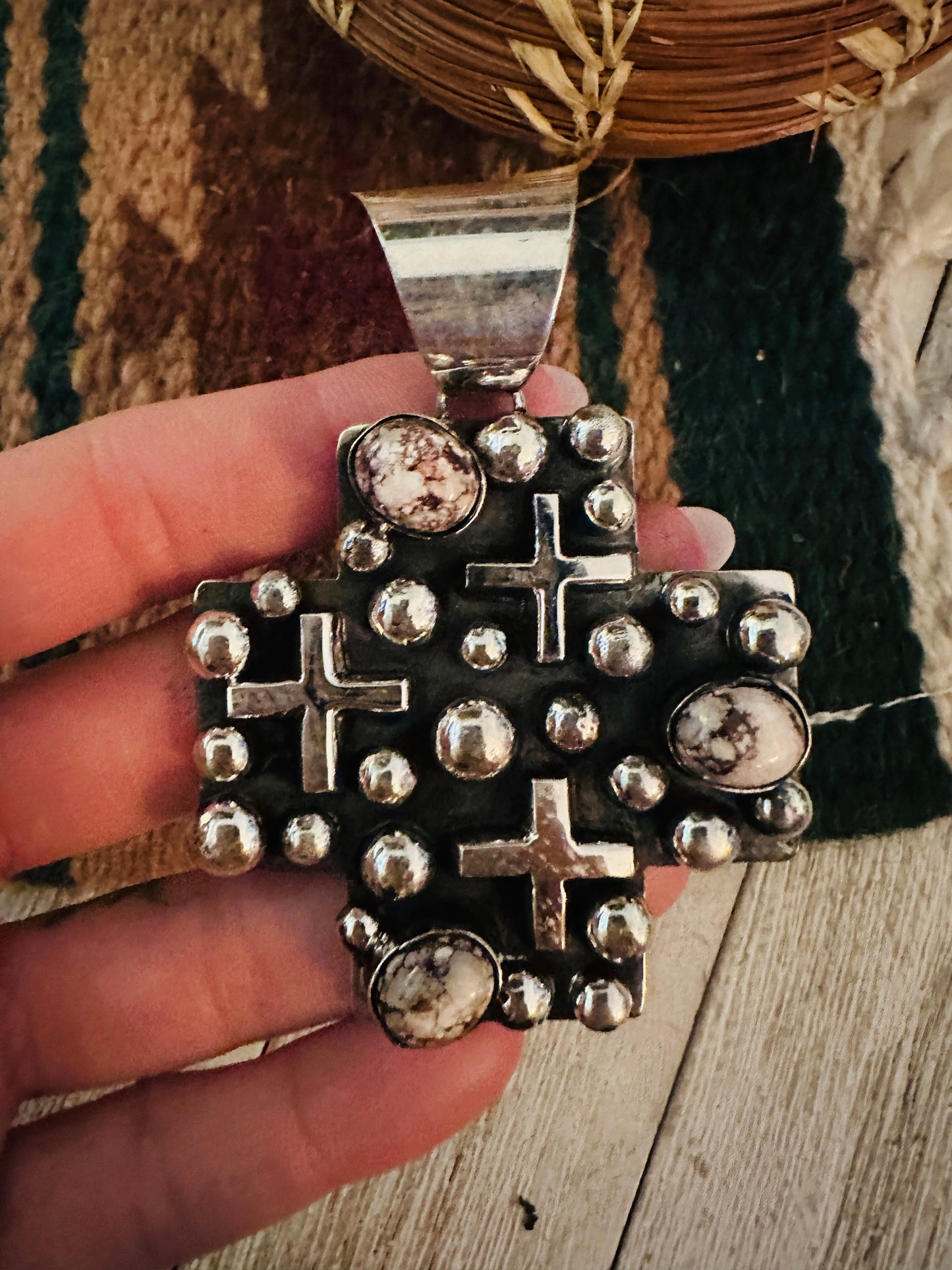 Navajo Wild Horse & Sterling Silver Cross Pendant by Chimney Butte