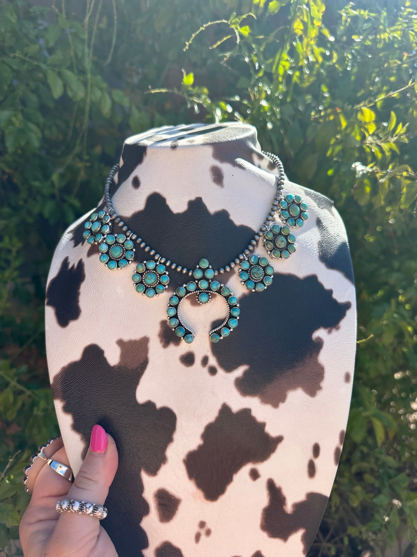 Turquoise Bombshell Handmade Sterling Silver & Turquoise Squash Blossom Necklace Signed Nizhoni