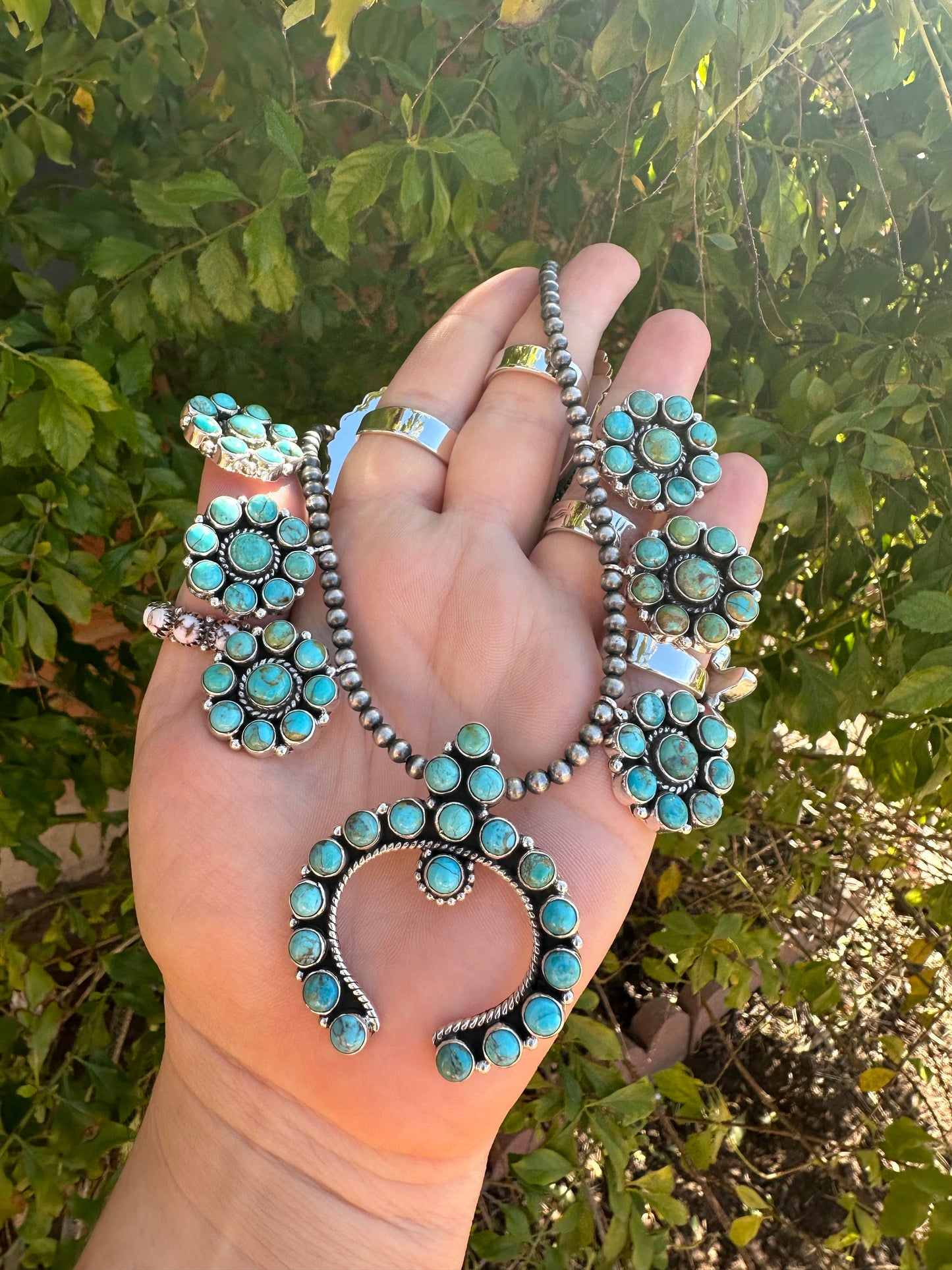 Turquoise Bombshell Handmade Sterling Silver & Turquoise Squash Blossom Necklace Signed Nizhoni