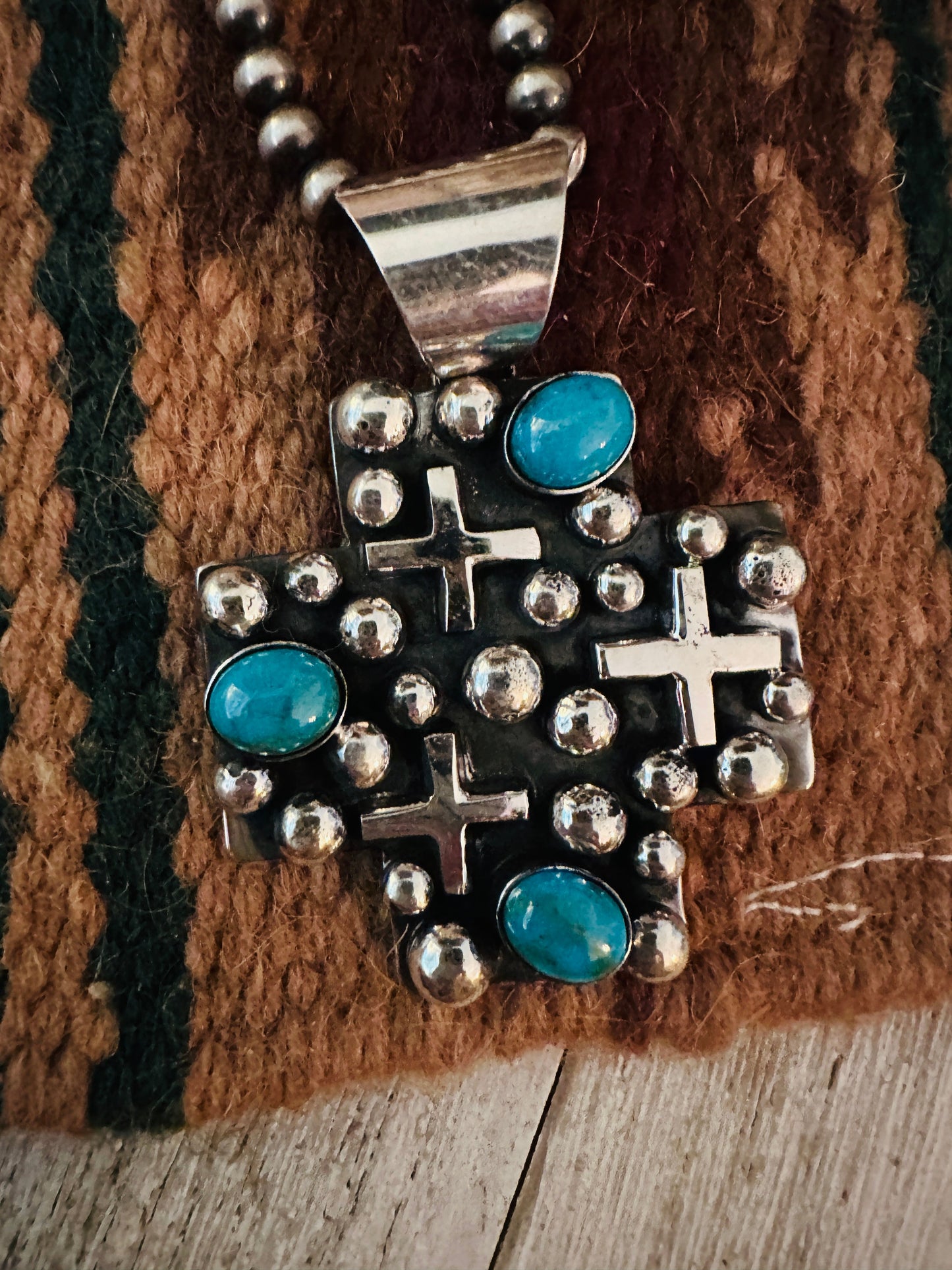 Navajo Turquoise & Sterling Silver Cross Pendant by Chimney Butte