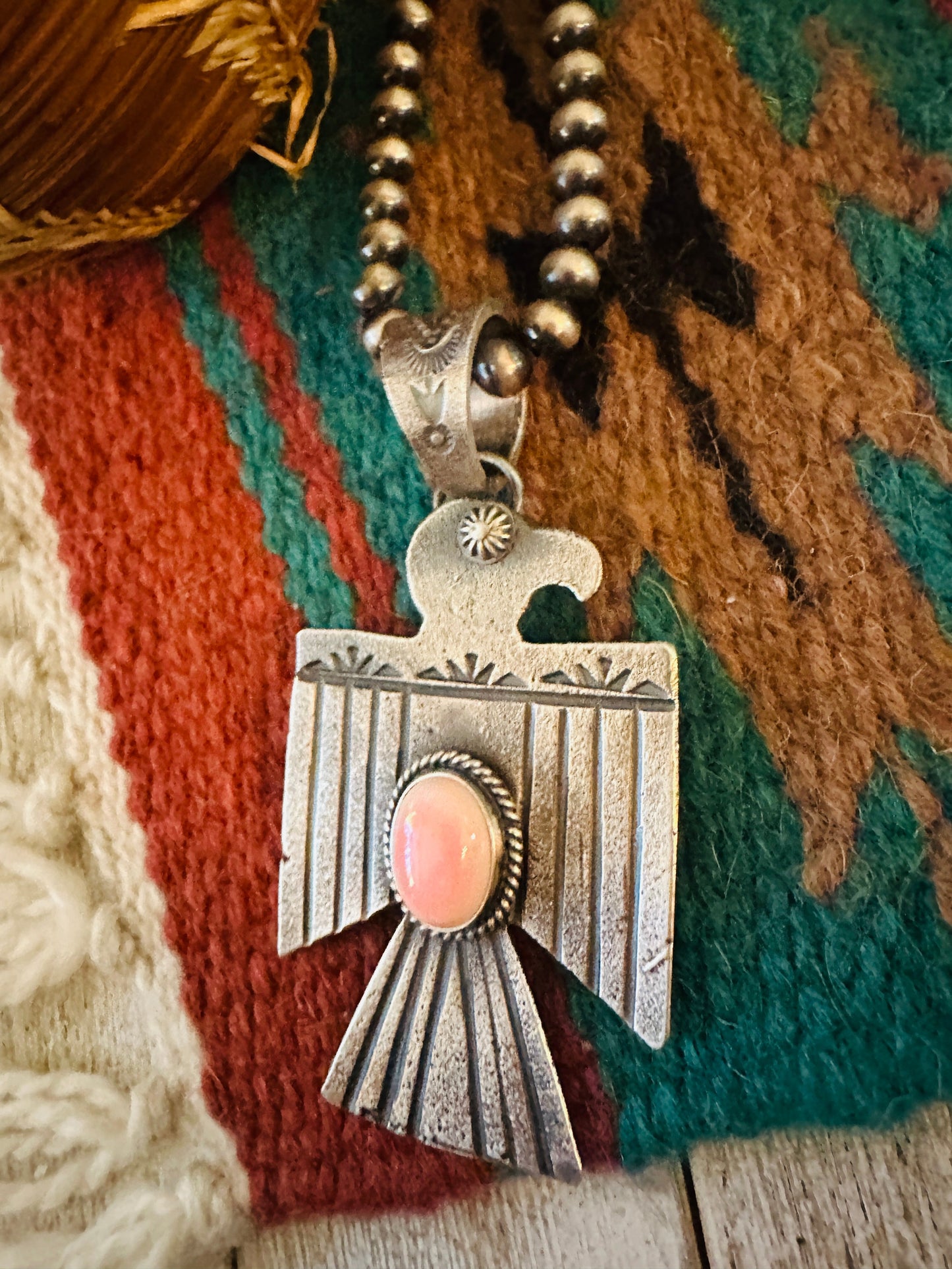 Navajo Sterling Silver & Queen Pink Conch Thunderbird Pendant by Kevin Billah