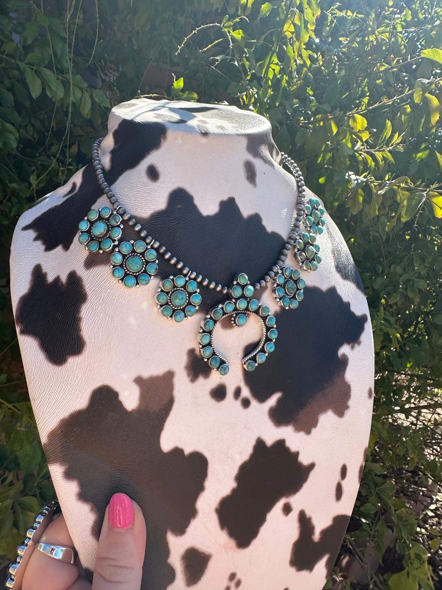 Turquoise Bombshell Handmade Sterling Silver & Turquoise Squash Blossom Necklace Signed Nizhoni