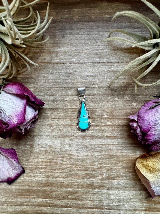 Teardrop Pendant with Kingman Turquoise – Option 2 – Sterling Silver – Native Made by SF – Fits 5mm