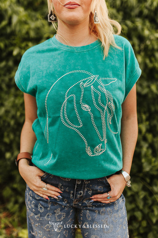 Lucky Horse EmbroideredMineral Wash Top