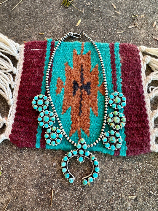 Turquoise Bombshell Handmade Sterling Silver & Turquoise Squash Blossom Necklace Signed Nizhoni
