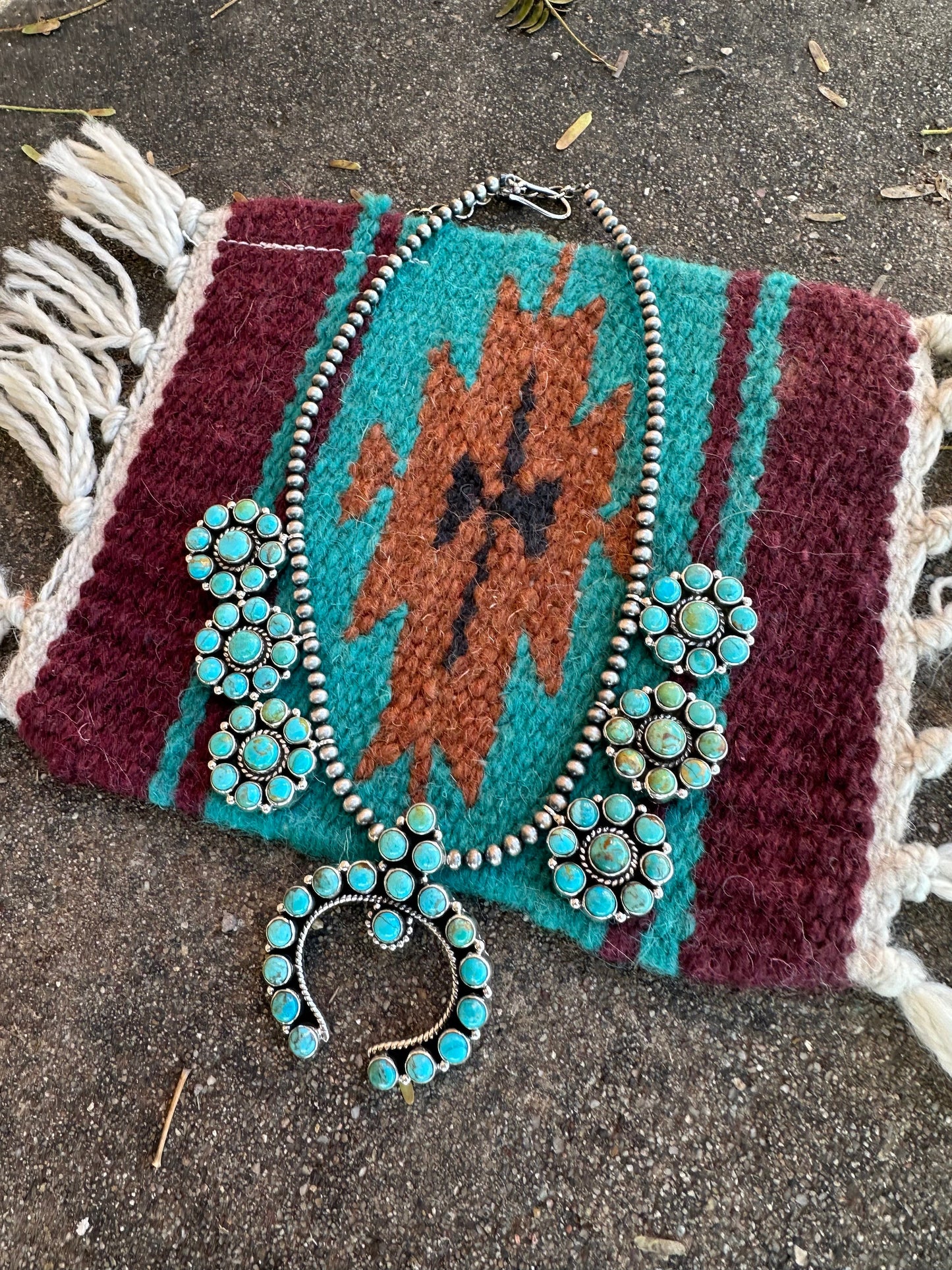 Turquoise Bombshell Handmade Sterling Silver & Turquoise Squash Blossom Necklace Signed Nizhoni