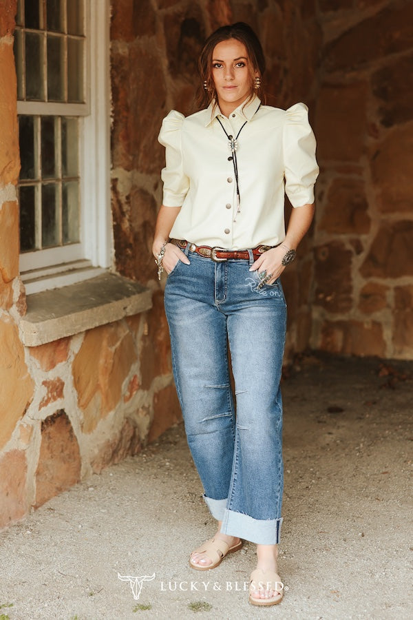 Mid Wash Western Printed Barrel Cuffed Mid Rise Jeans