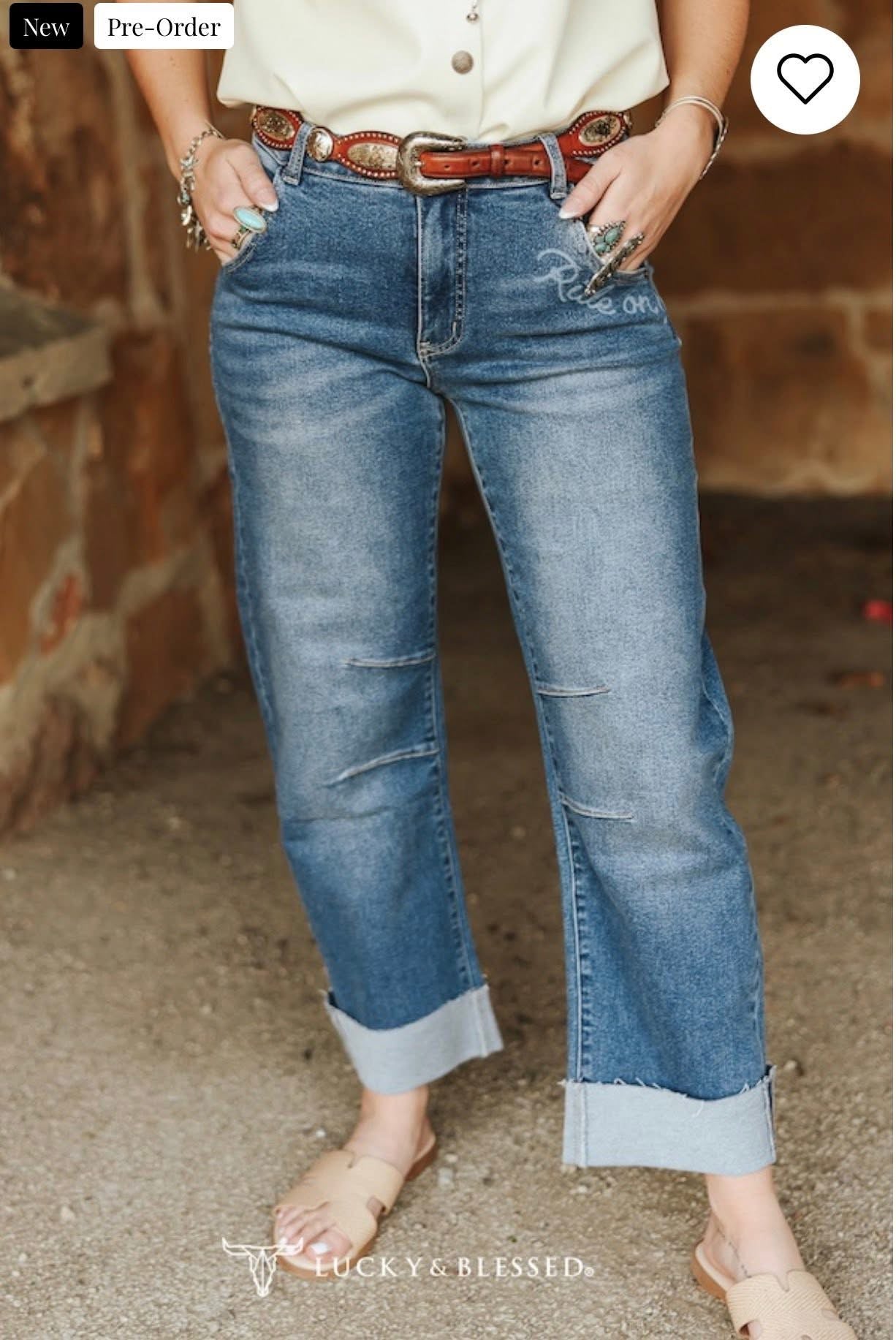 Mid Wash Western Printed Barrel Cuffed Mid Rise Jeans