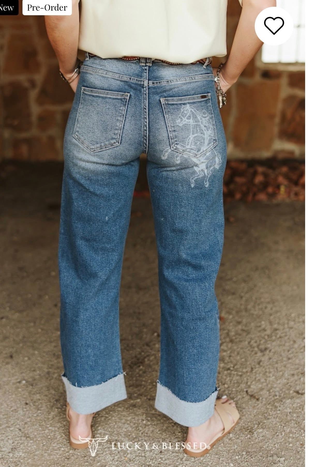 Mid Wash Western Printed Barrel Cuffed Mid Rise Jeans
