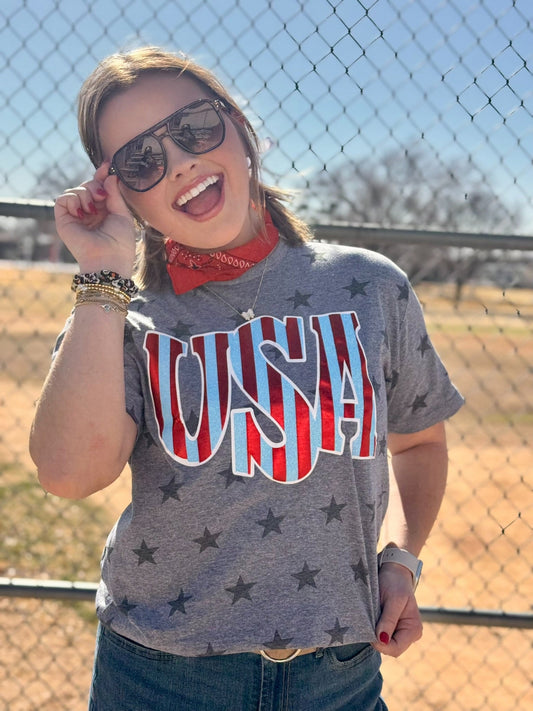 Striped USA in Glitter & Metallic Puff Tee
