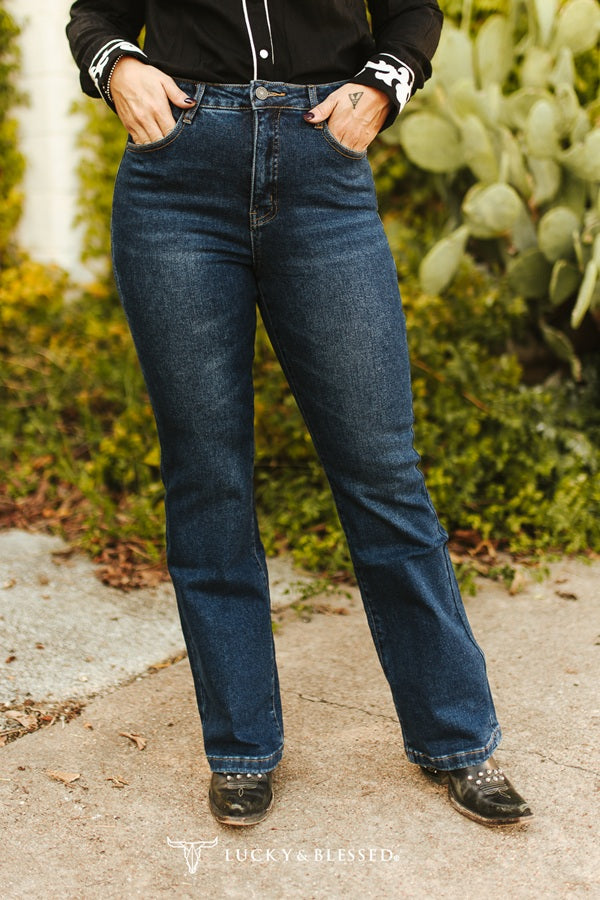 Dark Wash High Rise Vintage Side Button Detail Bootcut Jeans (32in Inseam)