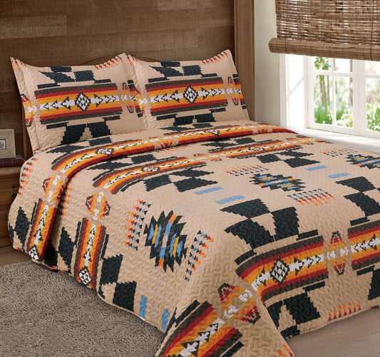 Beige Aztec inspired 3pc Quilt