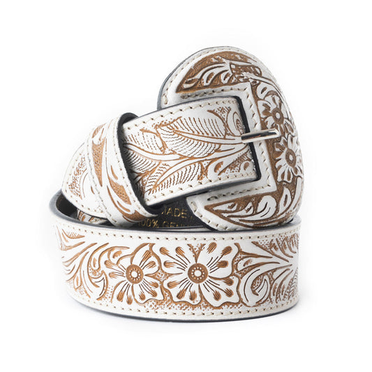 Myra Talon High Ivory Tooled Leather Belt for Women - Statement Rodeo Buckle with Western Embossed Floral Design