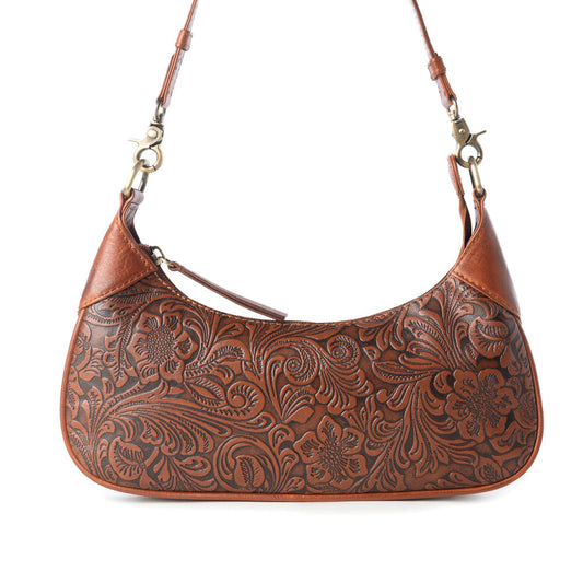 Myra Heritage Vine Embossed Leather Bag for Women in Brown with shoulder strap