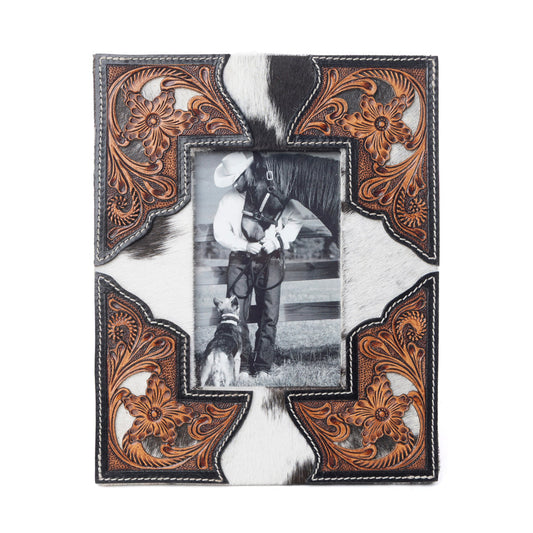 Myra Cornerstone Handtooled Leather Photo Frame in brown with hairon detail, western home décor