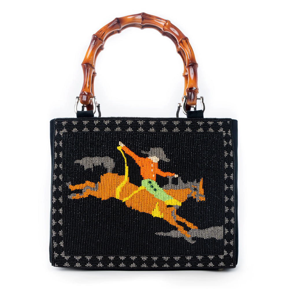 Myra Eight Seconds Western hand beaded bag in black with bamboo handle and horse embroidery