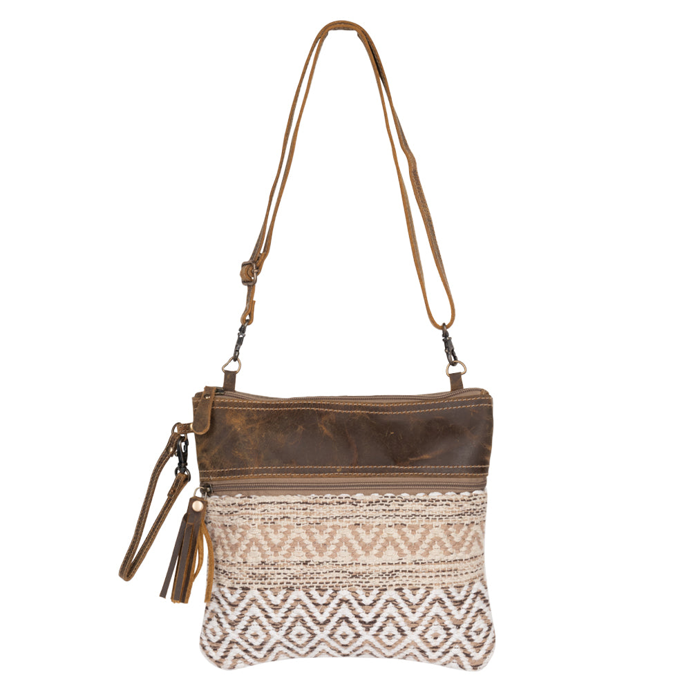 Myra Contentent Aztec Sling Bag for Women – Patterned Canvas, Brown Leather Trim, Crossbody for Everyday Western Look