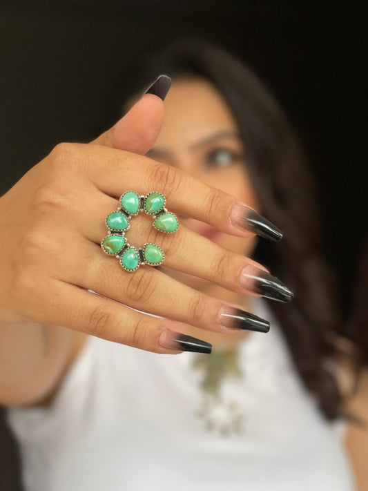 Handmade Sterling Silver Kingman Turquoise Naja Adjustable Ring with Signed Nizhoni