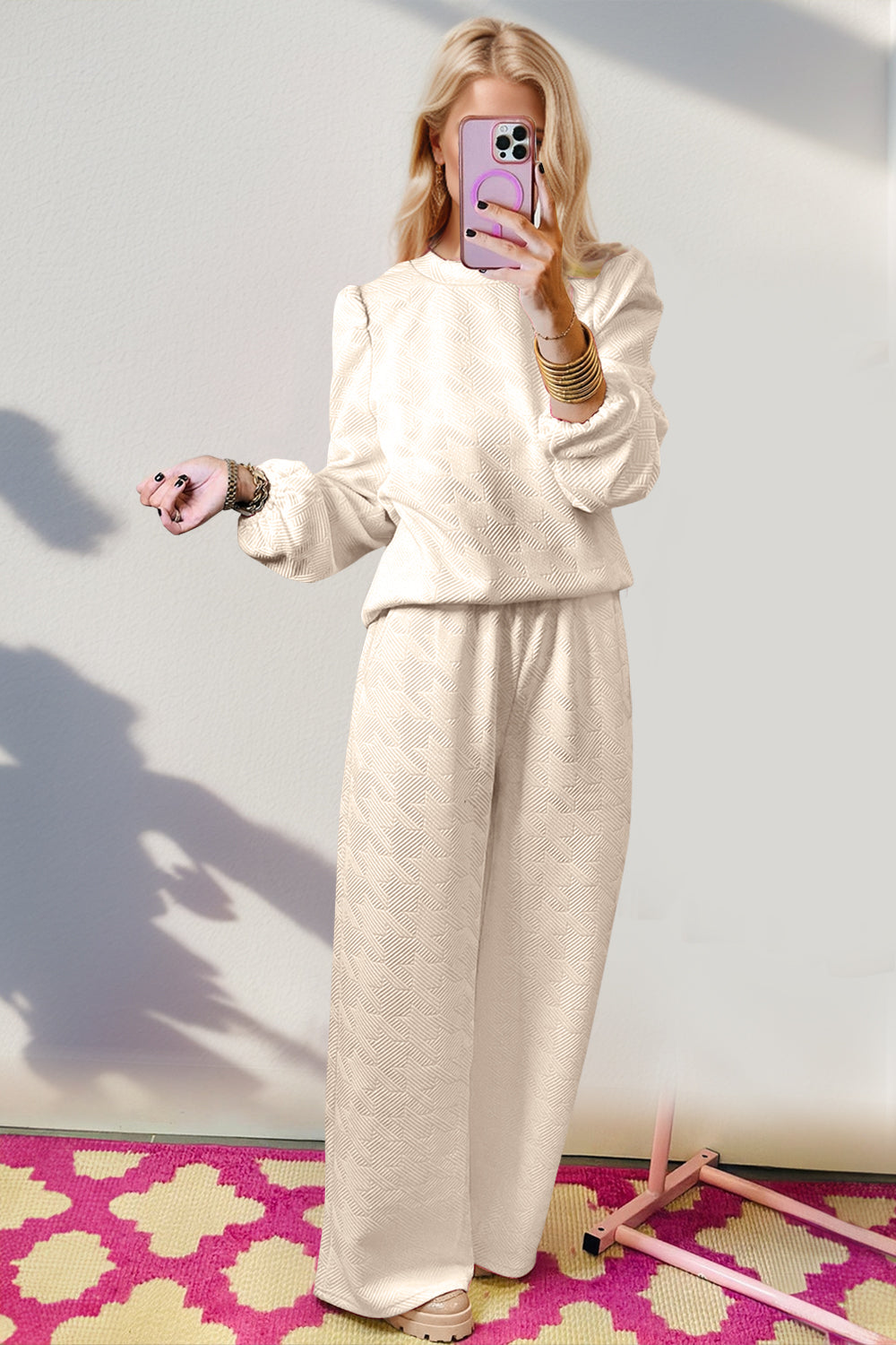 Double Take Texture Long Sleeve Top and Wide Leg Pants Set (ships from overseas)