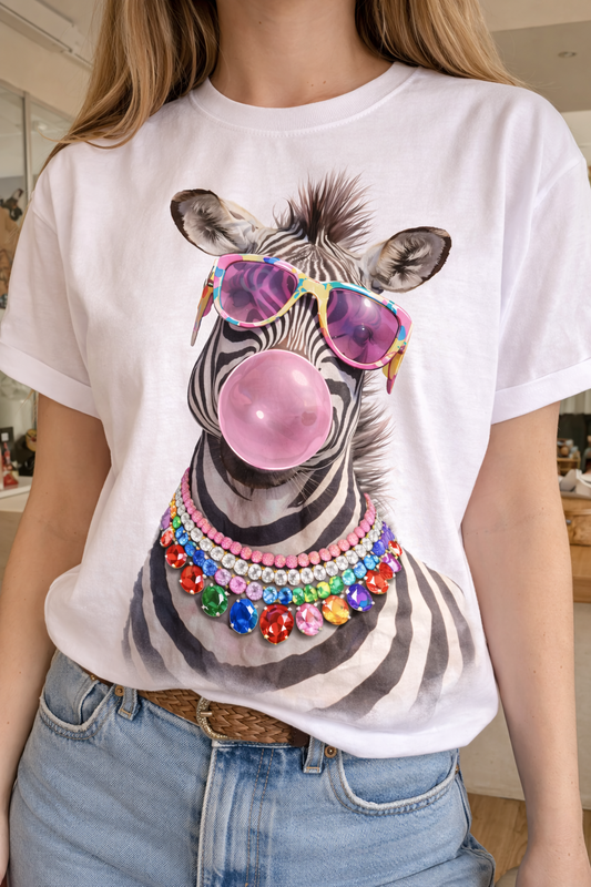 Jeweled Collar Bubble Gum Zebra on White Crew: Yes All Blinged Out