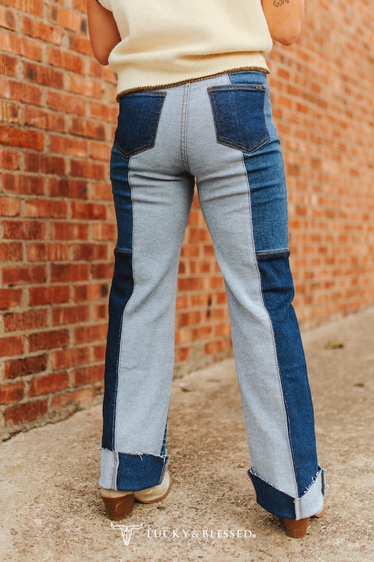 Contrast Denim Patchwork High Rise Straight Leg Jeans (32in Inseam)