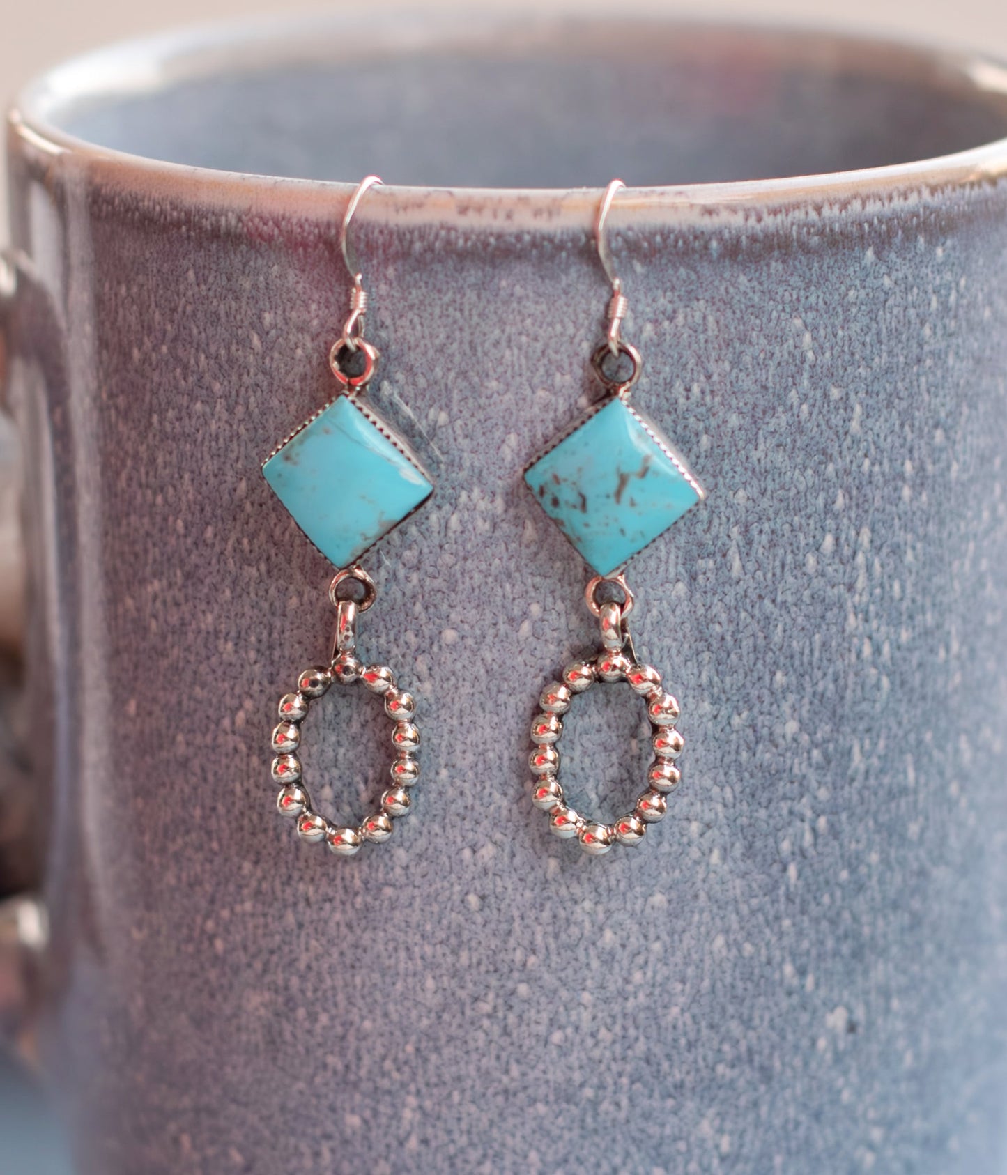 Diamond Shaped Turquoise Earrings with Navajo Pearl Accents