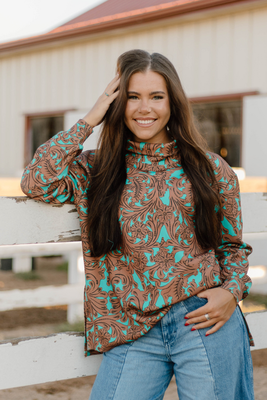 Turquoise Tooled Mock-Neck, Boyfriend Fit Top
