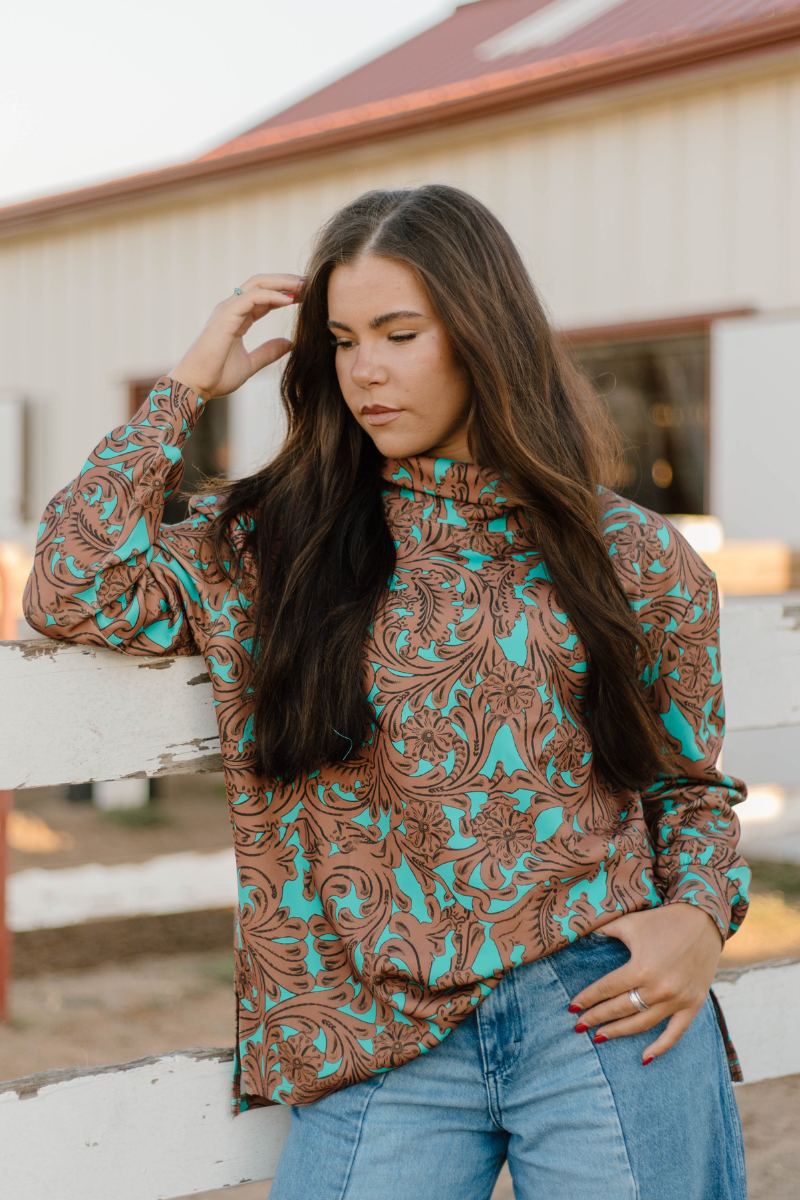 Turquoise Tooled Mock-Neck, Boyfriend Fit Top