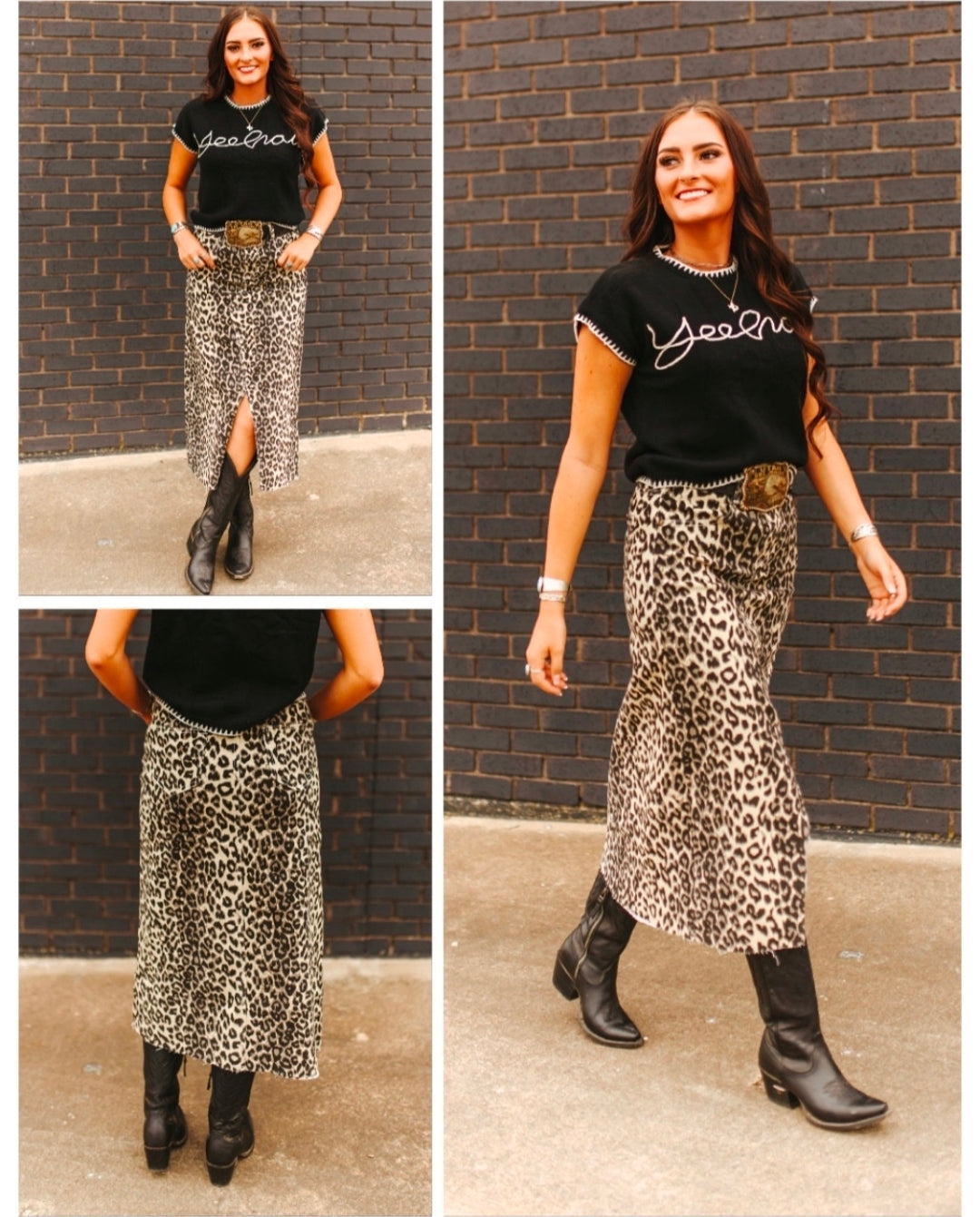 Brown Leopard Printed Stretch Denim Slit Front Frayed Skirt